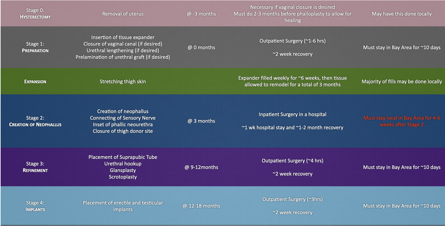 Chart listing the Single-Scar Phalloplasty stages