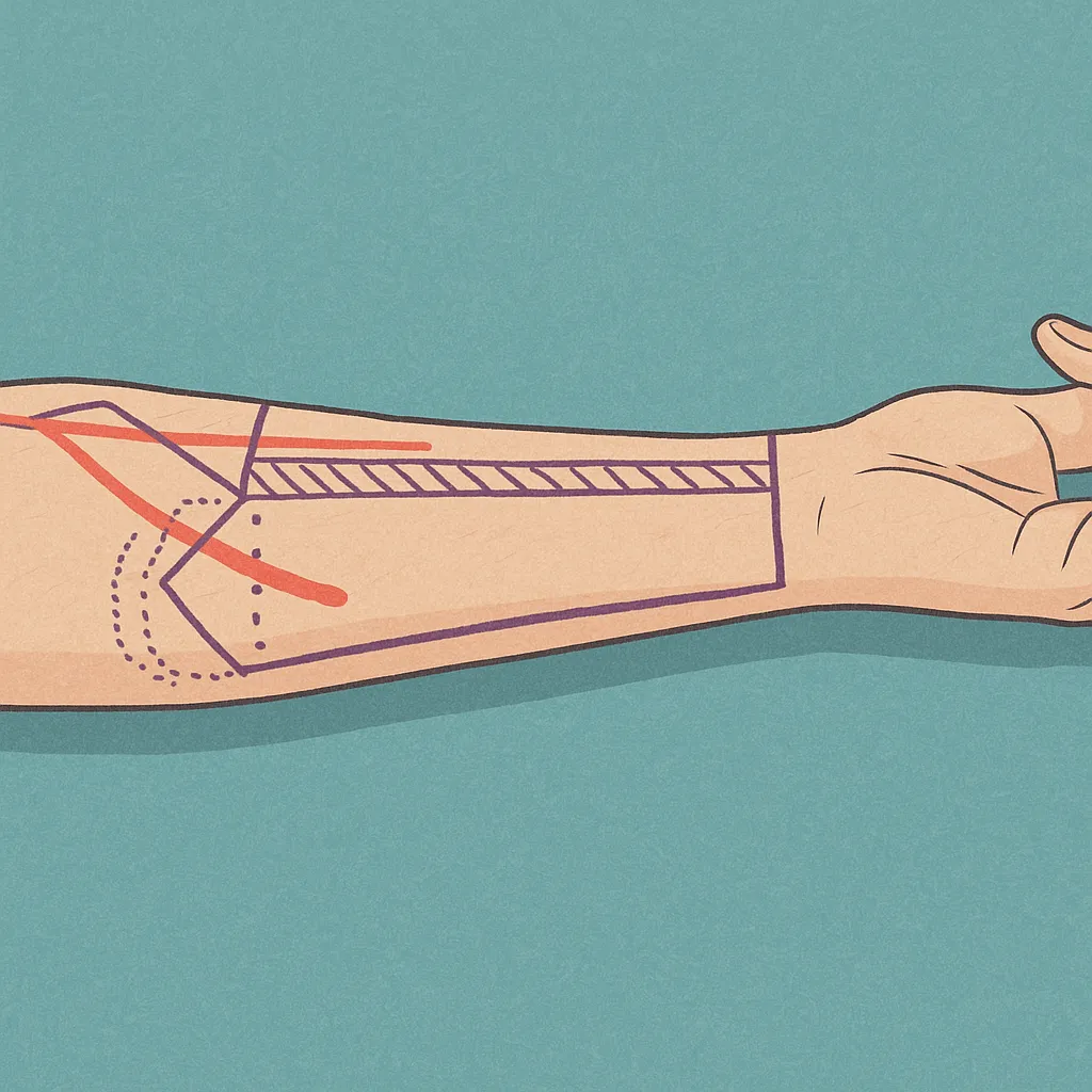 Diagram illustrating the incisions required for radial forearm phalloplasty