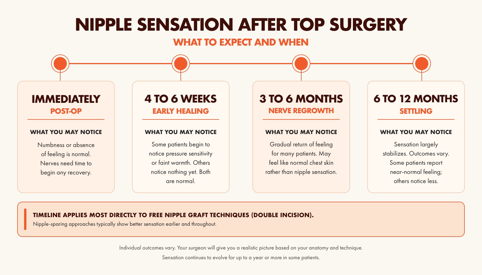 Infographic showing the nipple sensation recovery timeline after top surgery, from immediate post-op to 12 months.