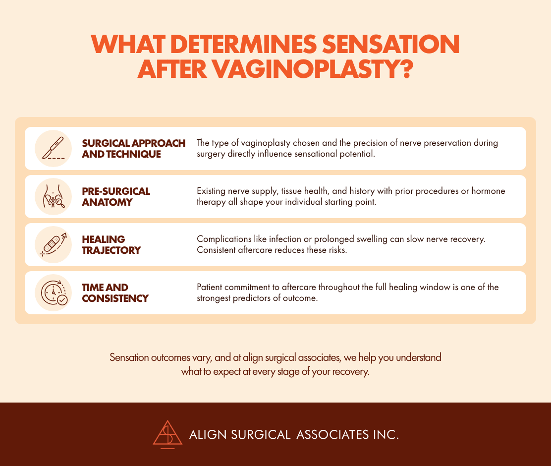 Infographic titled “What Determines Sensation After Vaginoplasty?” highlighting 4 factors that can affect sensation: surgical approach and technique, pre-surgical anatomy, healing trajectory, and time and consistency with aftercare